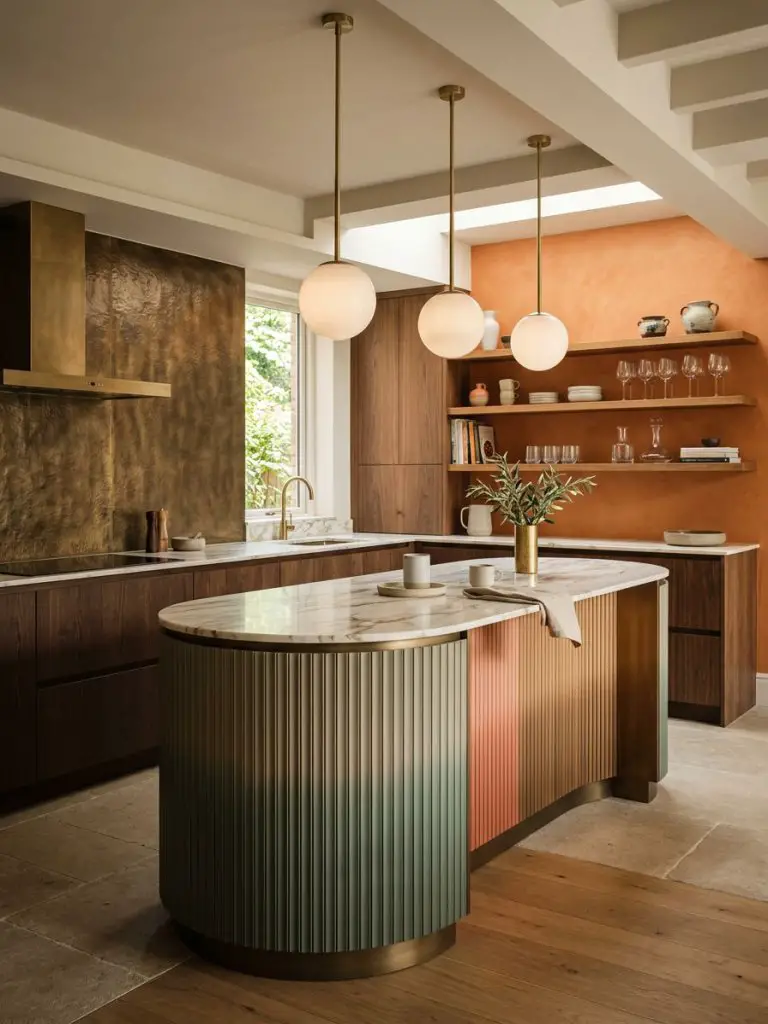 A luxurious kitchen featuring a curved island with vertical paneling in gradient tones of sage green, soft coral, and warm metallic bronze.