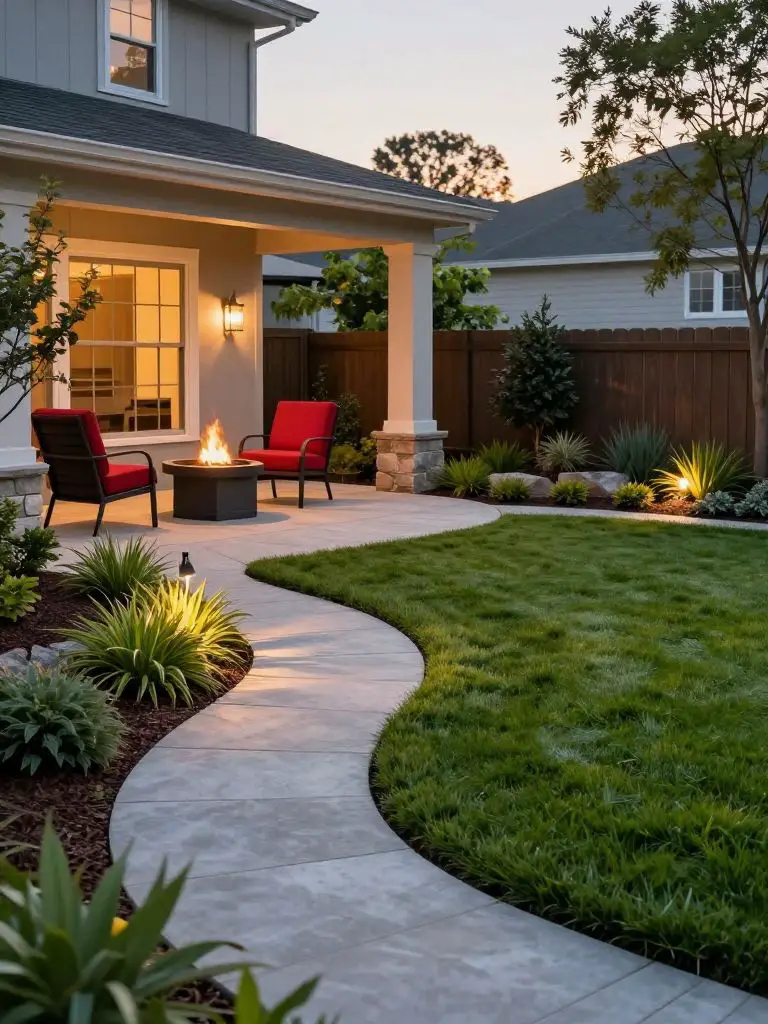 Design a curved backyard landscape with a covered patio extending from the house.