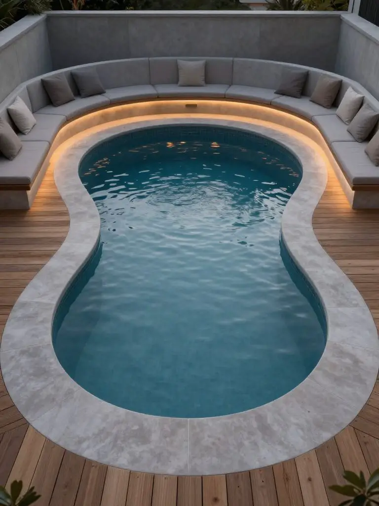 A curved inground backyard swimming pool set within a modern minimalist deck design, featuring smooth flowing lines and integrated ambient l.