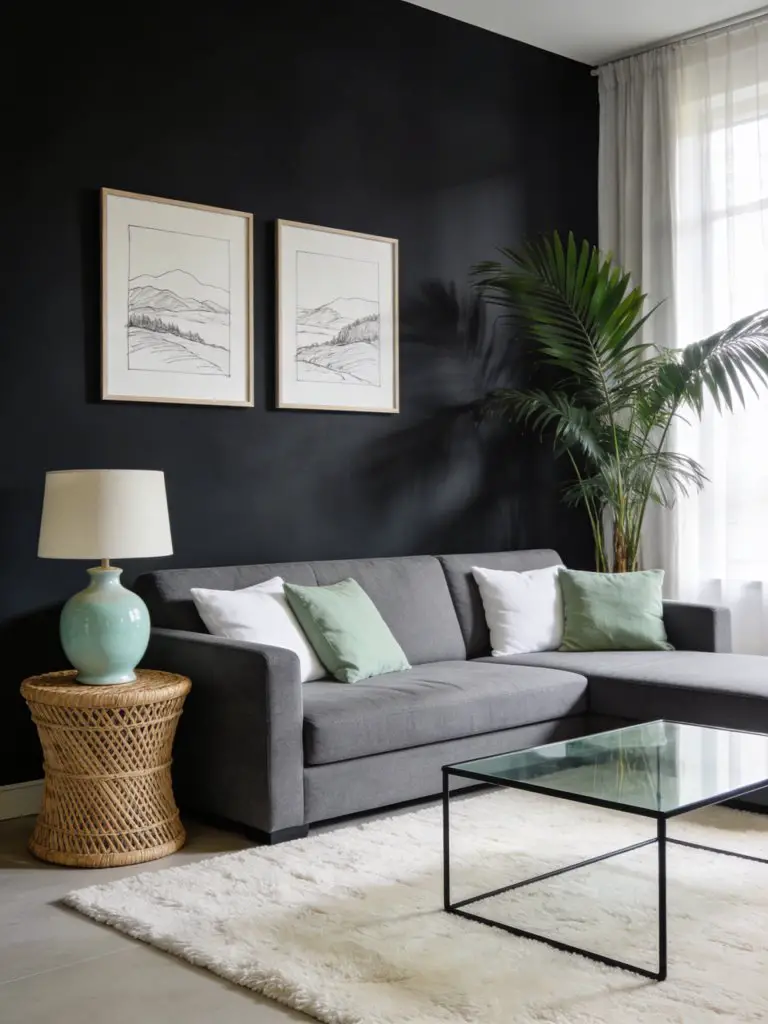 A modern minimalist living room featuring a deep charcoal accent wall behind a grey sectional sofa.