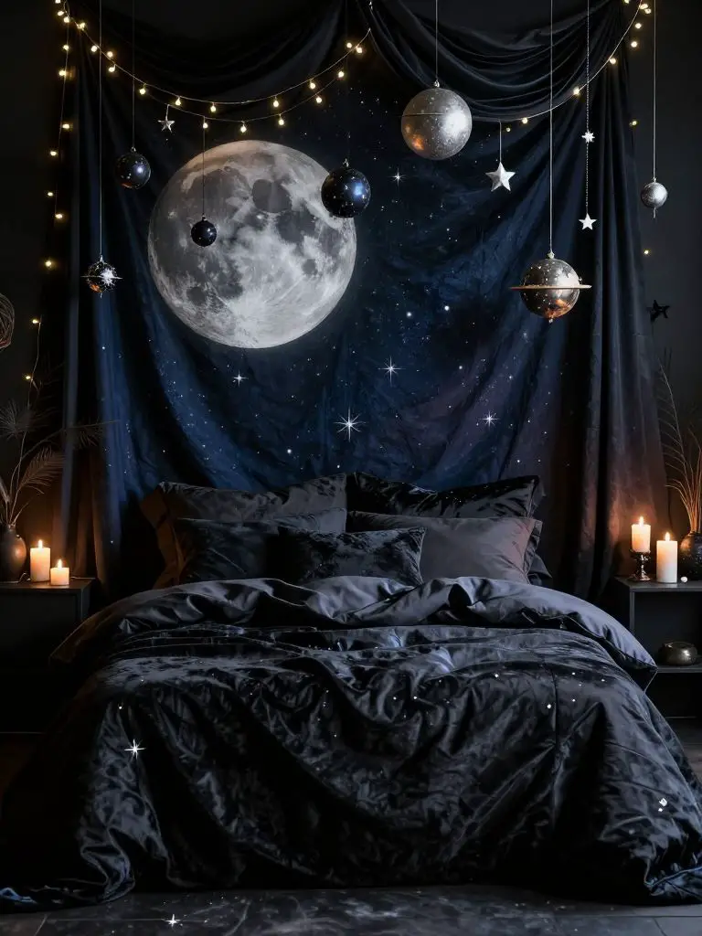 A dark celestial witch bedroom designed with a dramatic night-sky theme and layered textures.