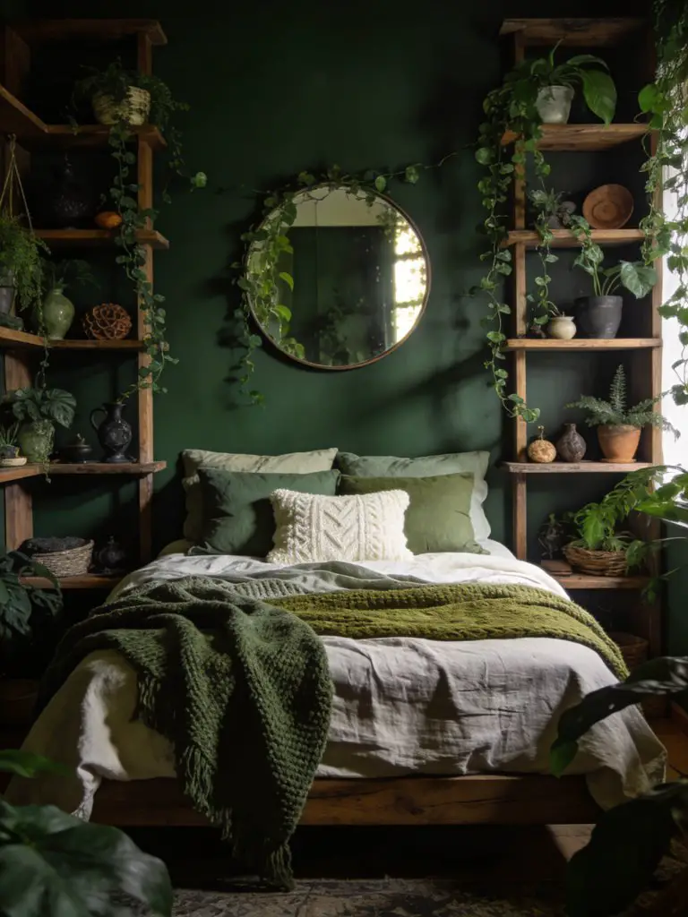 A moody dark green witchy bedroom styled in botanical boho design, featuring a deep forest green accent wall as the backdrop.