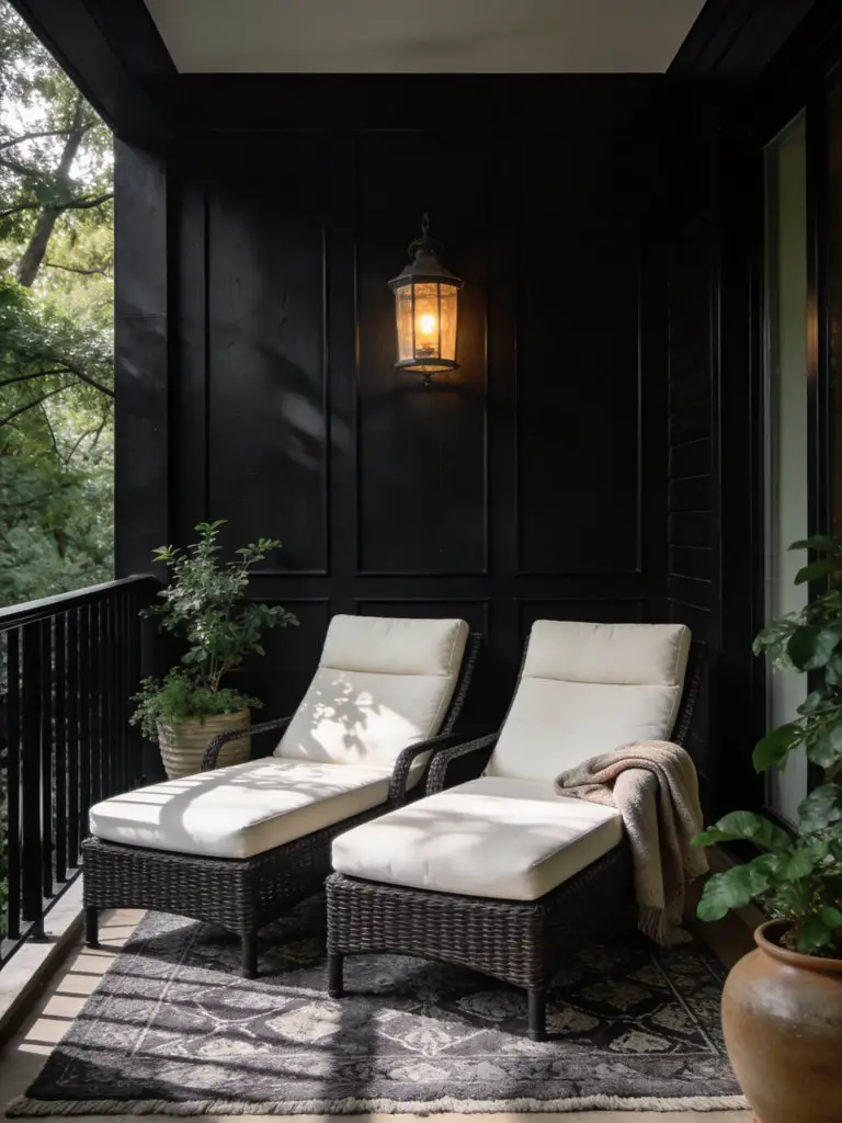 A dramatic dark modern small balcony design for apartments styled as a sophisticated outdoor retreat surrounded by nature.