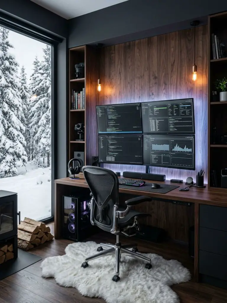 A dark modern office cabin interior designed as a high-performance workstation with rich wood paneling and a dramatic atmosphere.