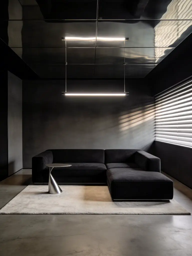A dramatic modern minimalist living room featuring dark architectural tones and a glossy reflective ceiling that amplifies the lighting desi.