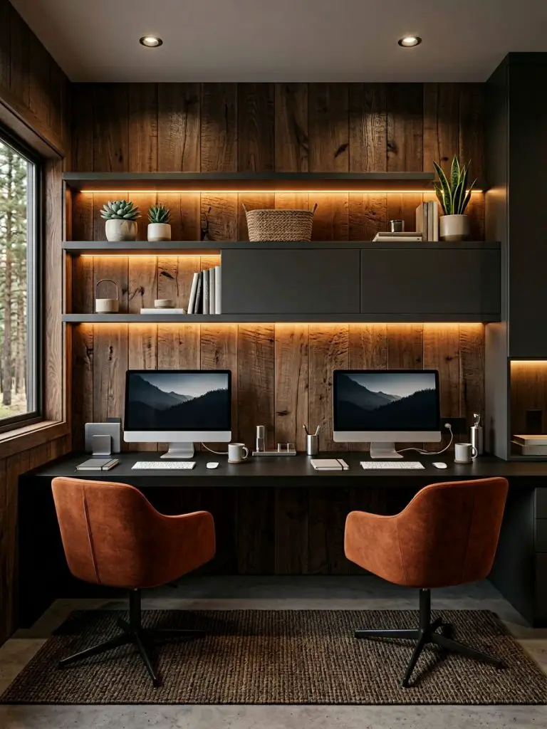A sleek dark Modern Rustic office cabin designed as a shared workstation space with two identical desk setups positioned side by side.