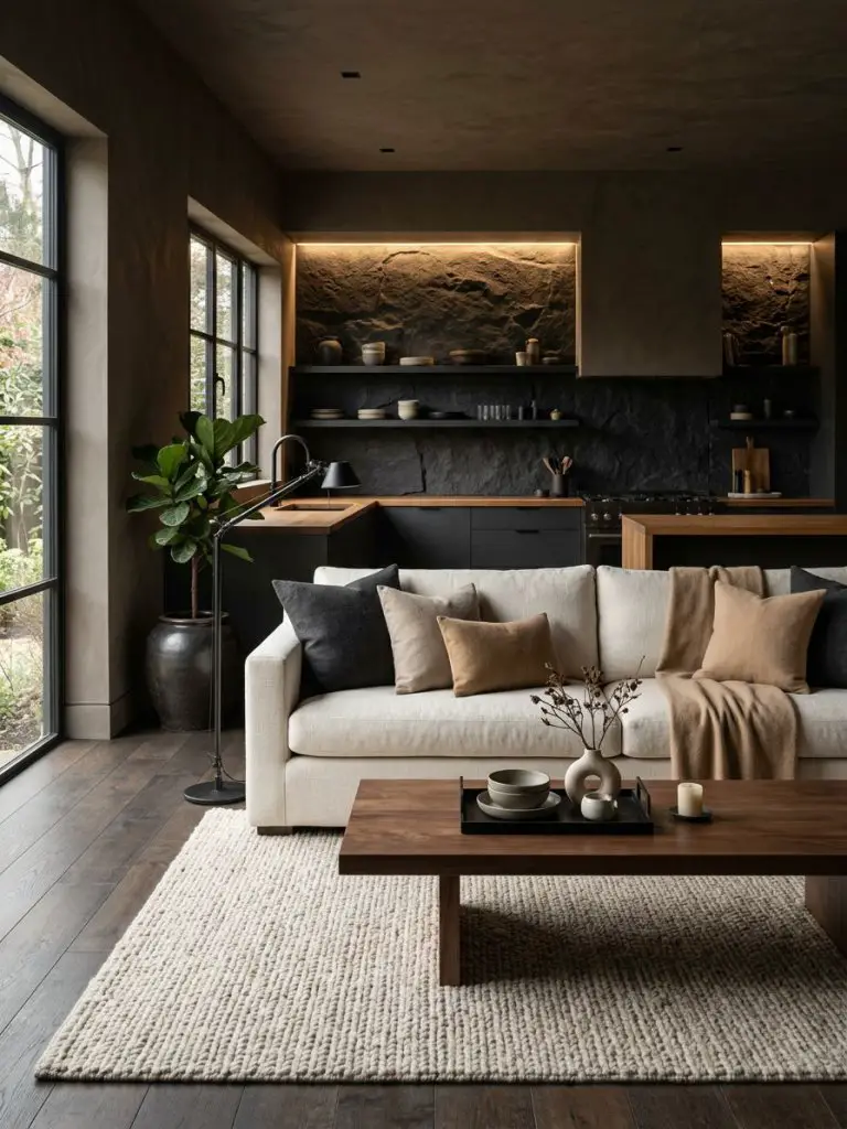 A dark organic minimalist living room designed with layered neutral tones and moody architectural lighting.