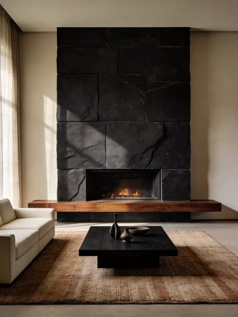 A dramatic minimalist living room with fireplace designed in modern rustic and contemporary interior style.