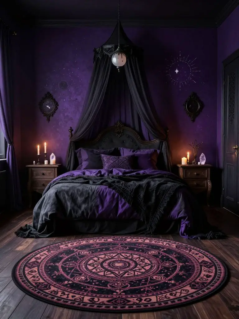 A dark witchy bedroom designed in a gothic witchcore style with rich, moody tones and layered mystical decor.