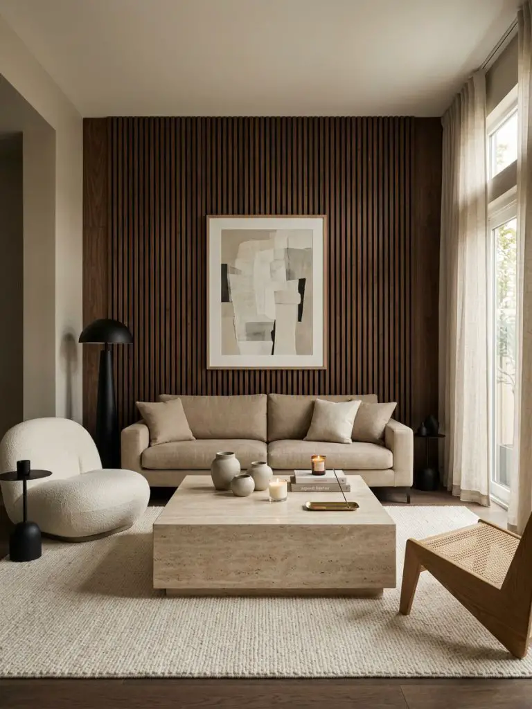 A sophisticated Japandi minimalist living room featuring a dramatic dark wood slat accent wall as the visual backdrop.