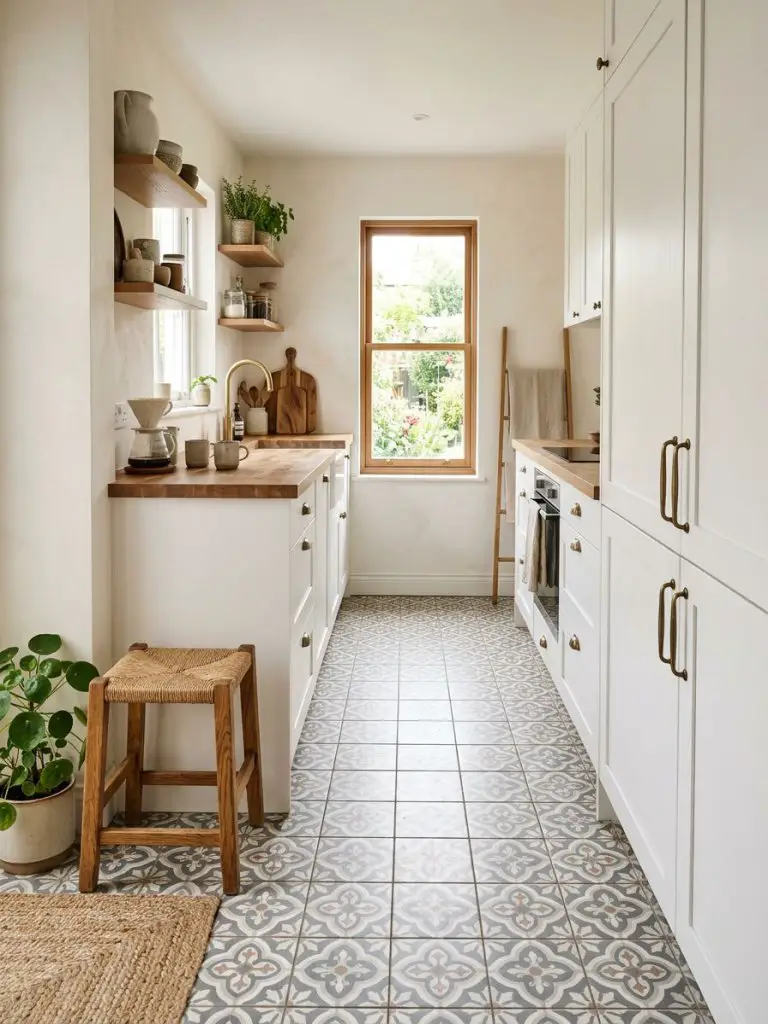 A compact kitchen with decorative cement tile flooring in a warm minimalist and eclectic modern style.