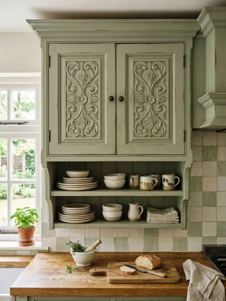 A decorative upper cabinet design with carved panel details and integrated open shelving in a cottage-style kitchen.