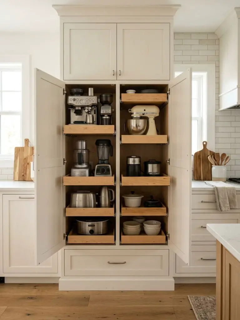 A tall appliance storage cabinet designed in a bright modern farmhouse style with sliding wooden drawers.