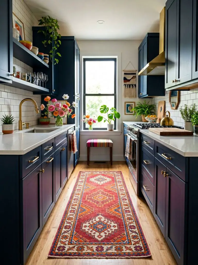 A bold colorful boho galley kitchen with deep navy blue cabinetry contrasted by a vibrant patterned runner rug in magenta, orange, and ivory.