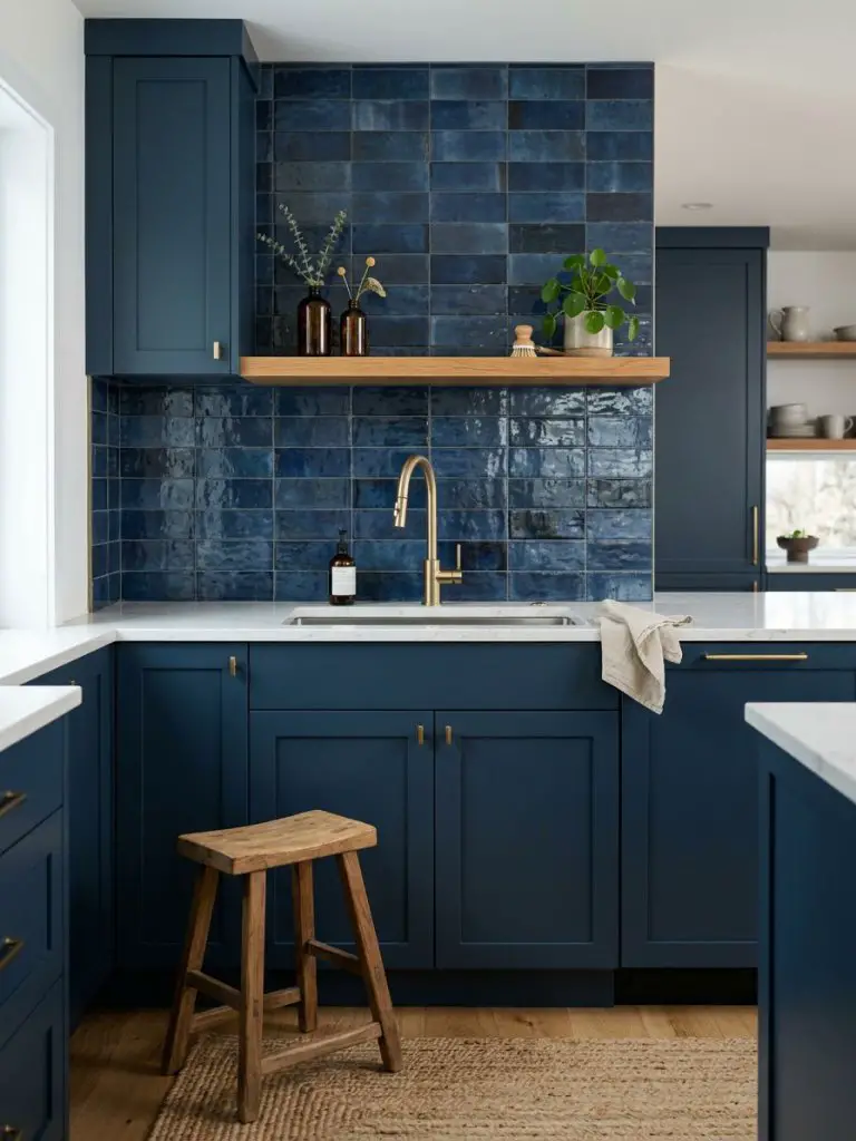A contemporary kitchen featuring deep blue cabinetry paired with a textured blue tile backsplash in varying rectangular shapes and tones.