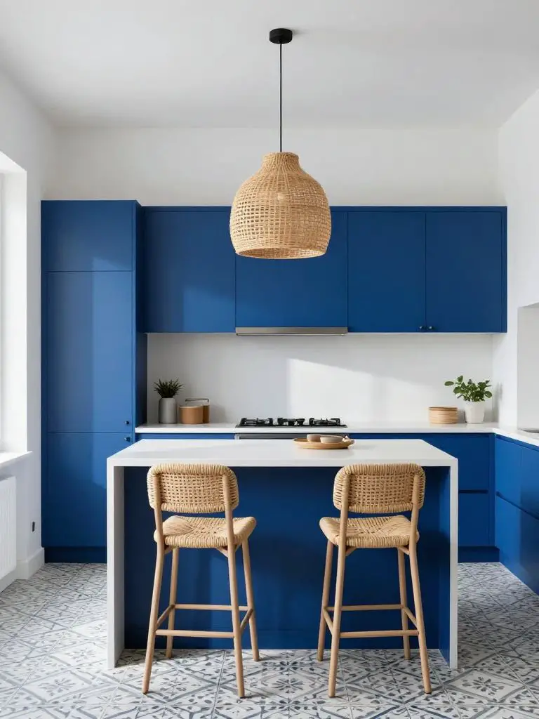 A minimalist modern colorful kitchen featuring deep cobalt blue cabinetry contrasted with white walls and patterned tile flooring.