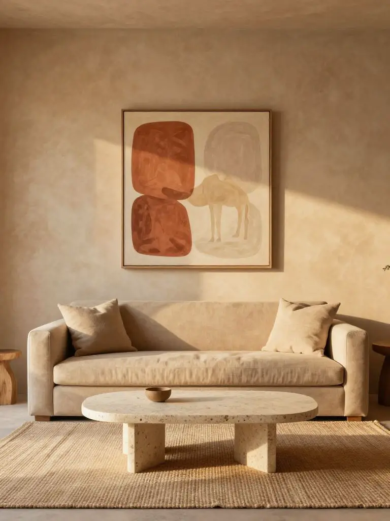 A desert-inspired minimalist living room with warm sand-toned plaster walls and soft earthy textures.