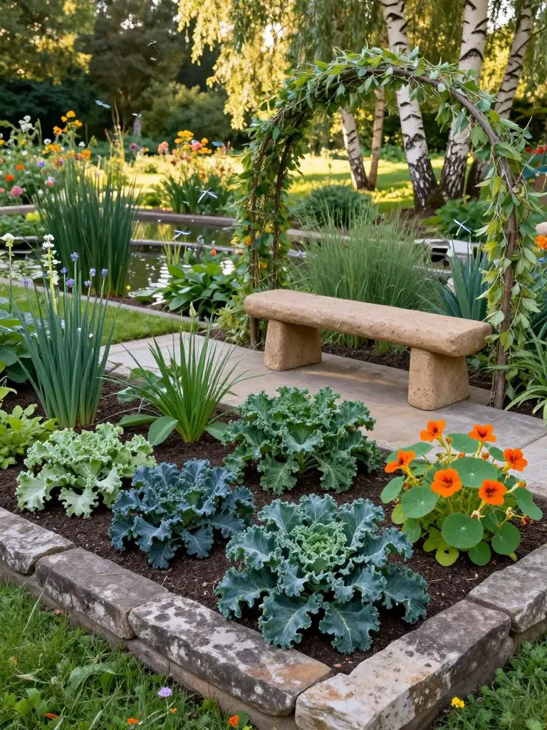 A late afternoon shot of a thoughtfully designed permaculture garden, with a detailed foreground of a keyhole bed edged with weathered stone.