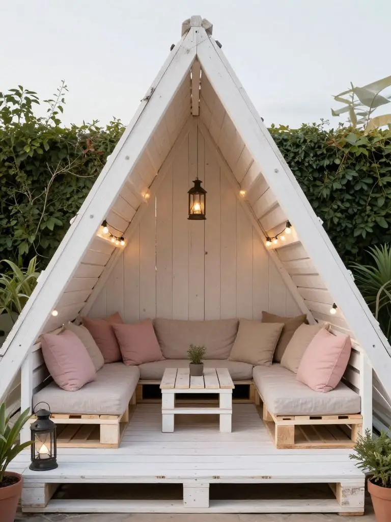 A cozy DIY A-frame patio lounge built from painted wood pallets in a rustic minimalist style.
