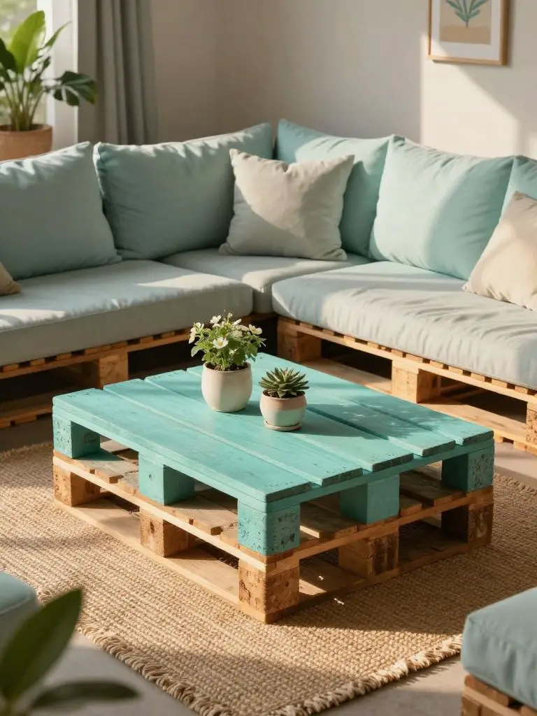 Design a DIY pallet sofa lounge with stacked wooden pallets forming sectional seating and matching coffee table.