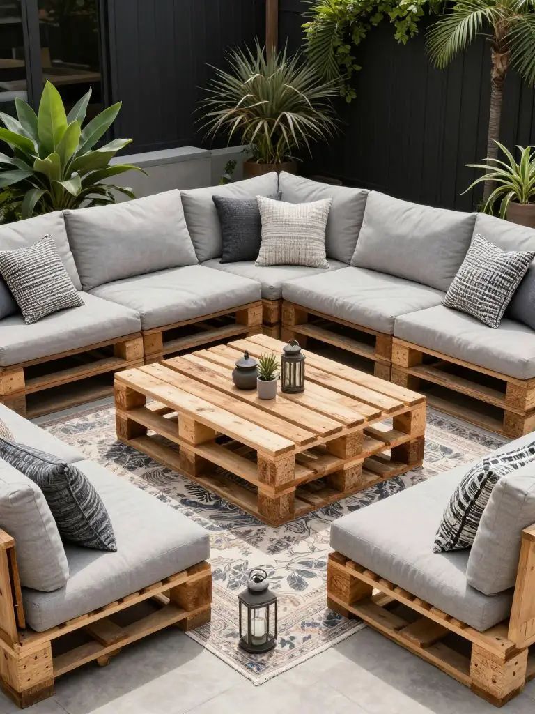 A DIY pallet patio setup in modern rustic style featuring a sectional sofa made from stacked wooden pallets as the main focal point.