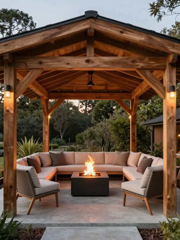 A DIY wooden gazebo patio in modern rustic style featuring a solid timber structure with exposed beams as the main focal point.