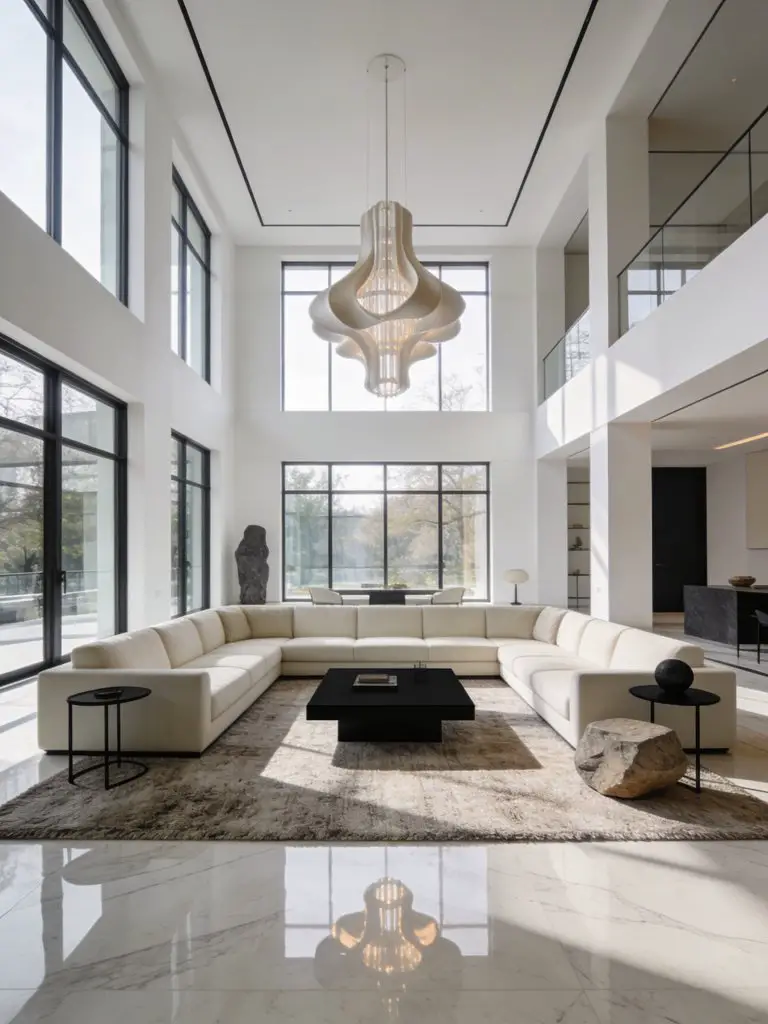 A breathtaking double-height minimalist luxury living room with expansive panoramic windows that flood the interior with daylight.