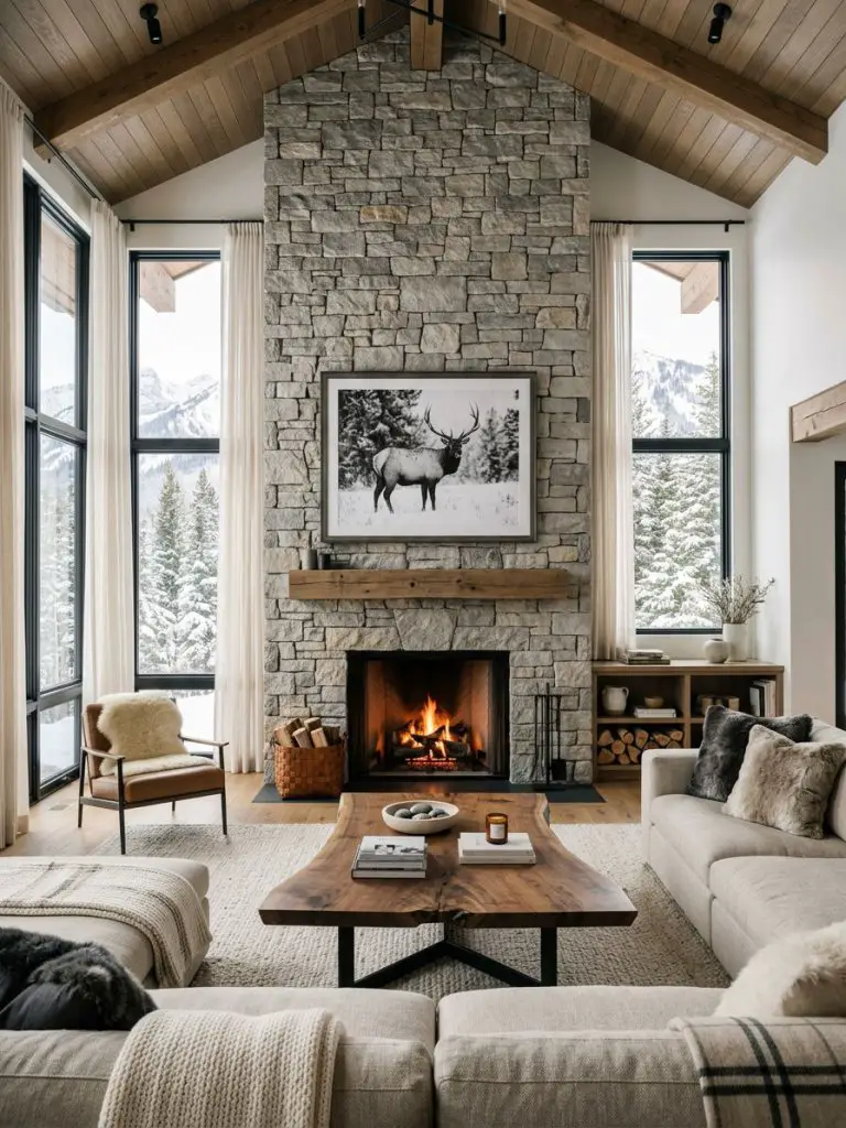 A dramatic contemporary mountain living room with double-height ceilings designed in warm minimalist and modern rustic style.