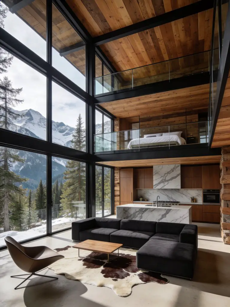 A dramatic double-height rustic modern cabin interior defined by towering glass walls that showcase sweeping mountain scenery outside.
