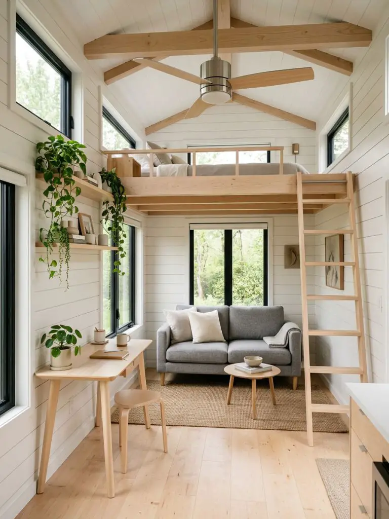 A double-height tiny house living room designed in warm minimalist Scandinavian style featuring white shiplap walls, pale maple flooring, an.