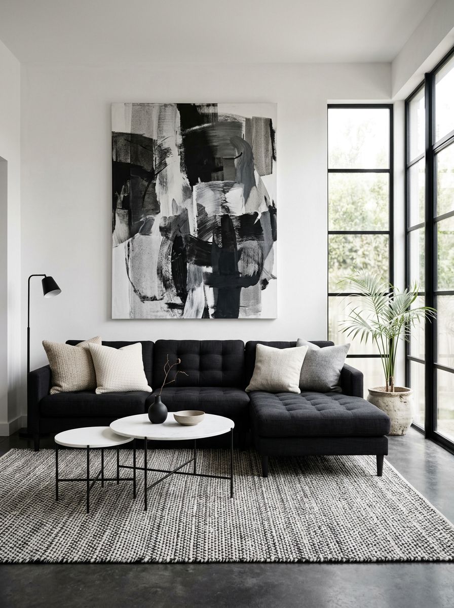 A bold black and white minimalist living room styled in a Warm Minimalist and Modern Rustic interior photography aesthetic.
