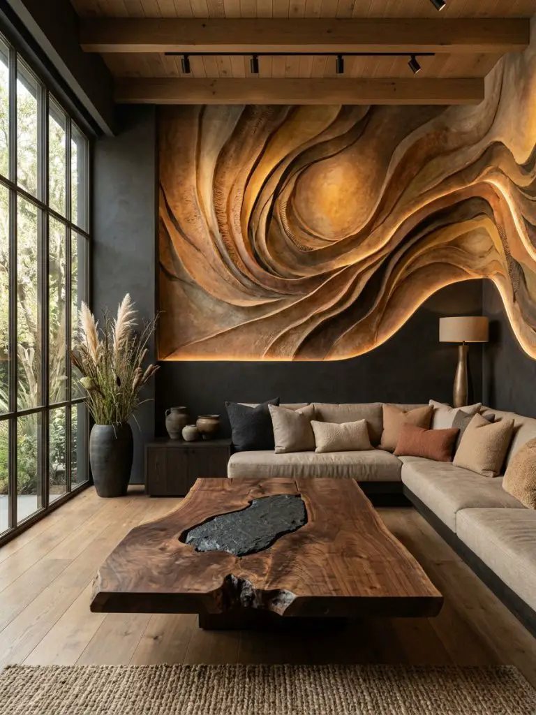 A dramatic organic modern living room featuring a sculptural textured wall installation as the dominant focal point.