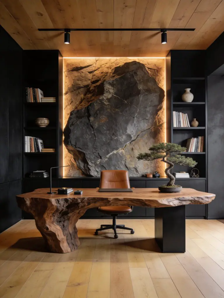 A dramatic rustic modern cabin home office designed with bold materials and refined minimal styling.
