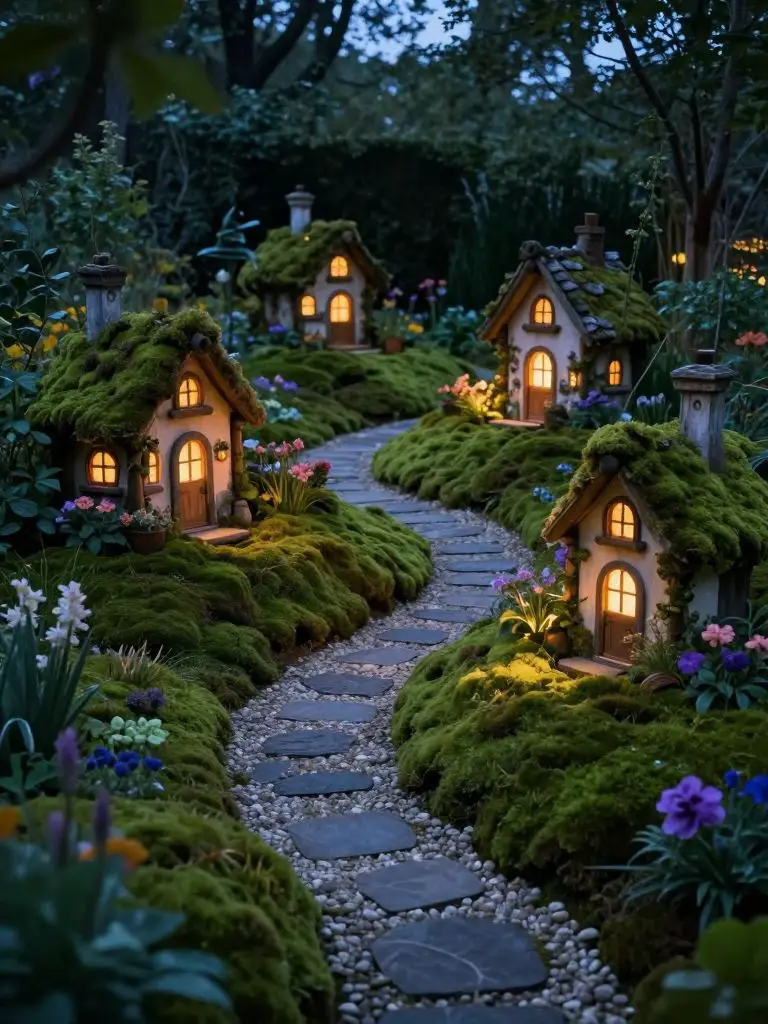 Create a dusk-lit fairy village garden bed with multiple glowing cottages surrounded by moss mounds and tiny pathways.