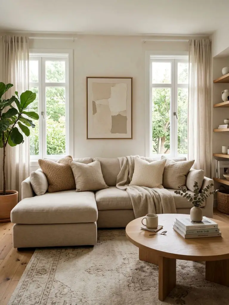 A warm minimalist living room designed with Scandinavian comfort and modern rustic warmth.