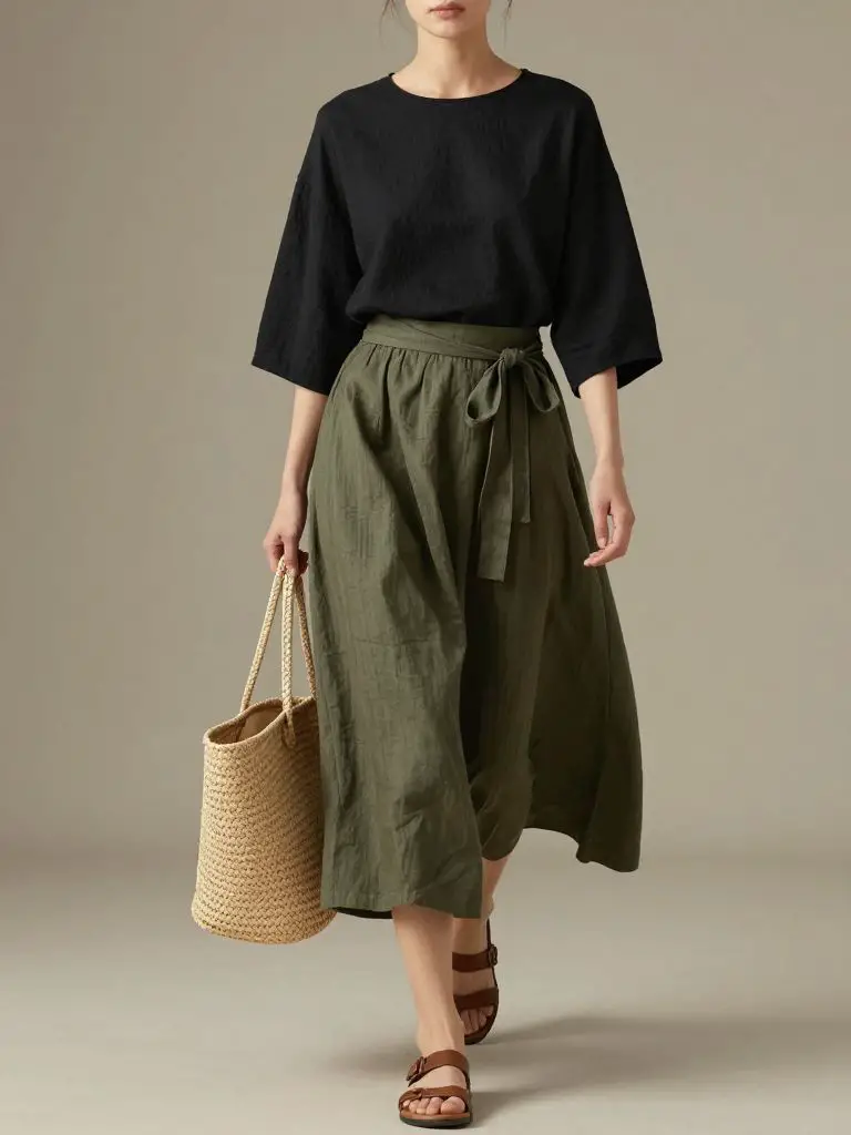 A minimalist fashion scene representing sustainable fashion outfit ideas built around natural textures and earth-toned styling.
