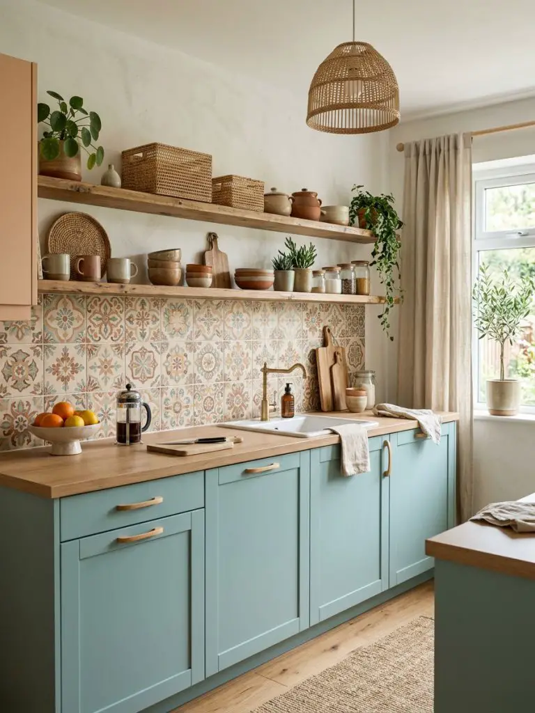 A soft-toned colorful boho kitchen with pastel peach and teal cabinetry paired with a patterned tile backsplash in warm earthy hues.