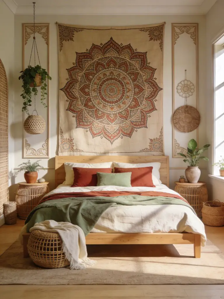 A serene earthy boho witchy bedroom featuring a large mandala tapestry as the focal point, centered above a wooden bed with crisp linen bedd.