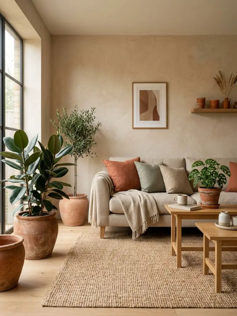 An earthy minimalist living room styled with terracotta planters that introduce warmth and natural texture.