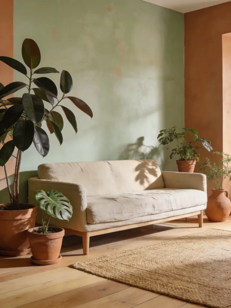 An earthy minimalist living room styled with terracotta planters that introduce warmth and natural texture.