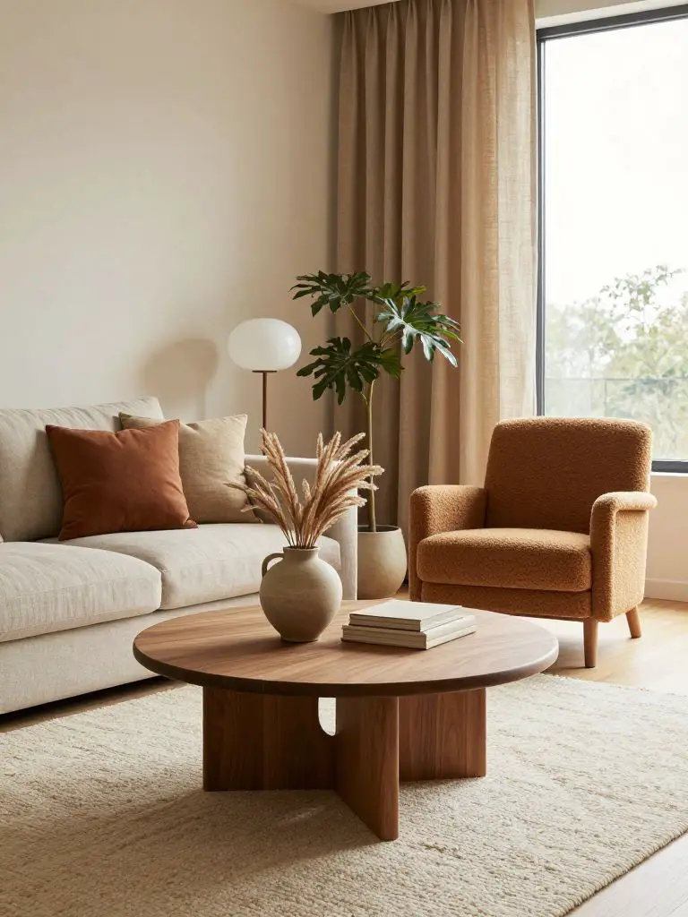 A warm minimalist living room styled with Scandinavian and organic modern design influences.