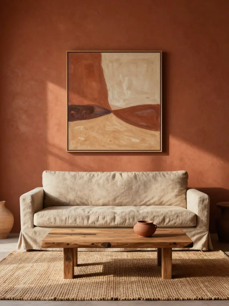 An earthy minimalist living room with terracotta plaster walls that bring warmth while keeping the space simple and uncluttered.