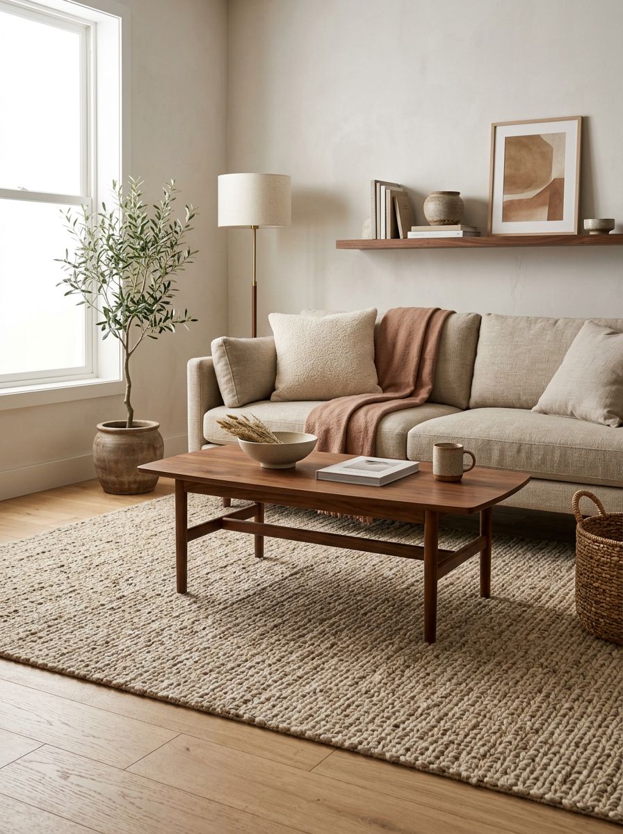 A cozy mid-century modern minimalist living room centered around layered earthy textures and a neutral woven rug.