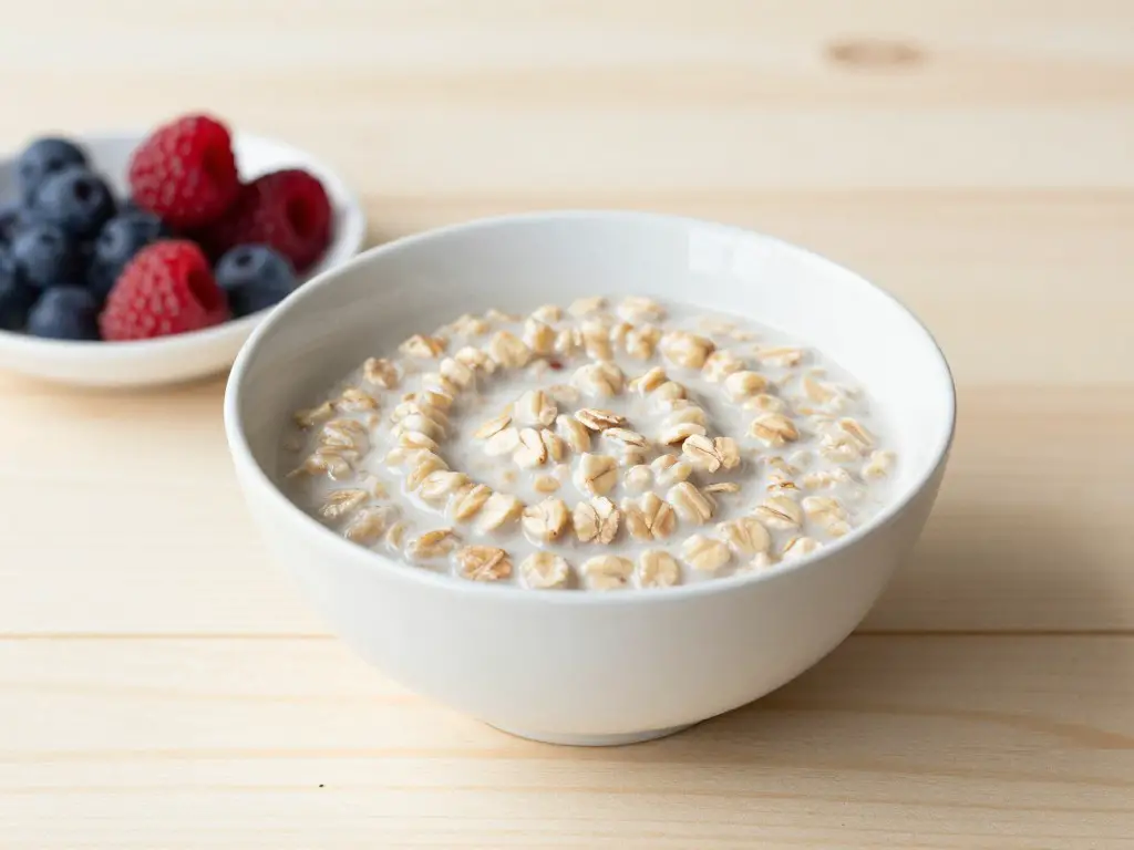 Simple breakfast of oatmeal in a white ceramic bowl with fresh berries on a clean wooden table, minimal styling, natural morning light