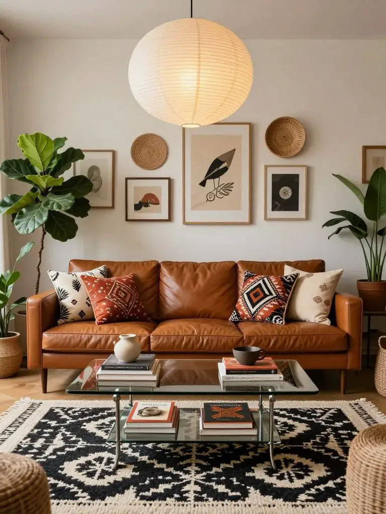 An eclectic boho minimalist living room featuring a warm leather sofa that adds rich contrast to a neutral palette.