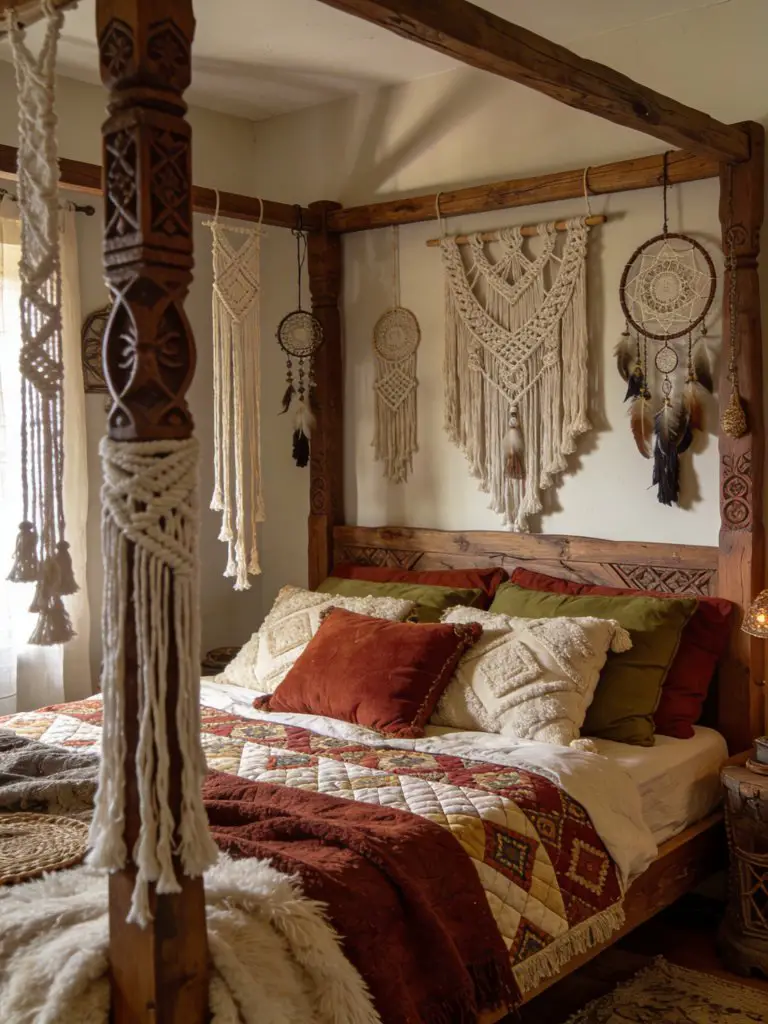 An eclectic boho witchy bedroom filled with macrame, dreamcatchers, and layered textures, featuring a wooden canopy bed as the focal point.