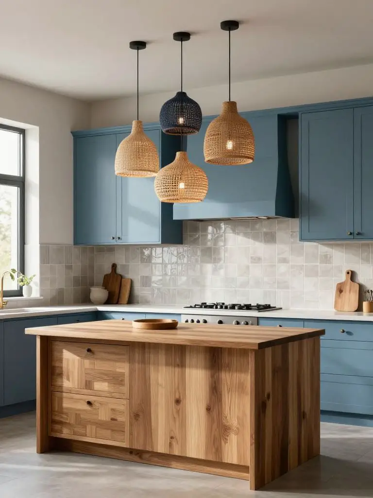 A modern eclectic colorful kitchen featuring soft blue cabinetry paired with a natural wood island and textured tile backsplash.