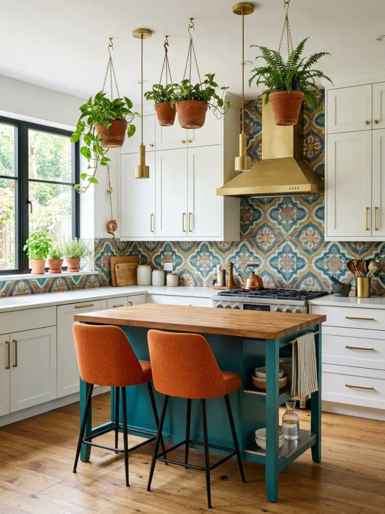 A vibrant kitchen featuring an eclectic patterned tile backsplash in mixed colors of teal, mustard, coral, and navy, creating a dynamic visu.