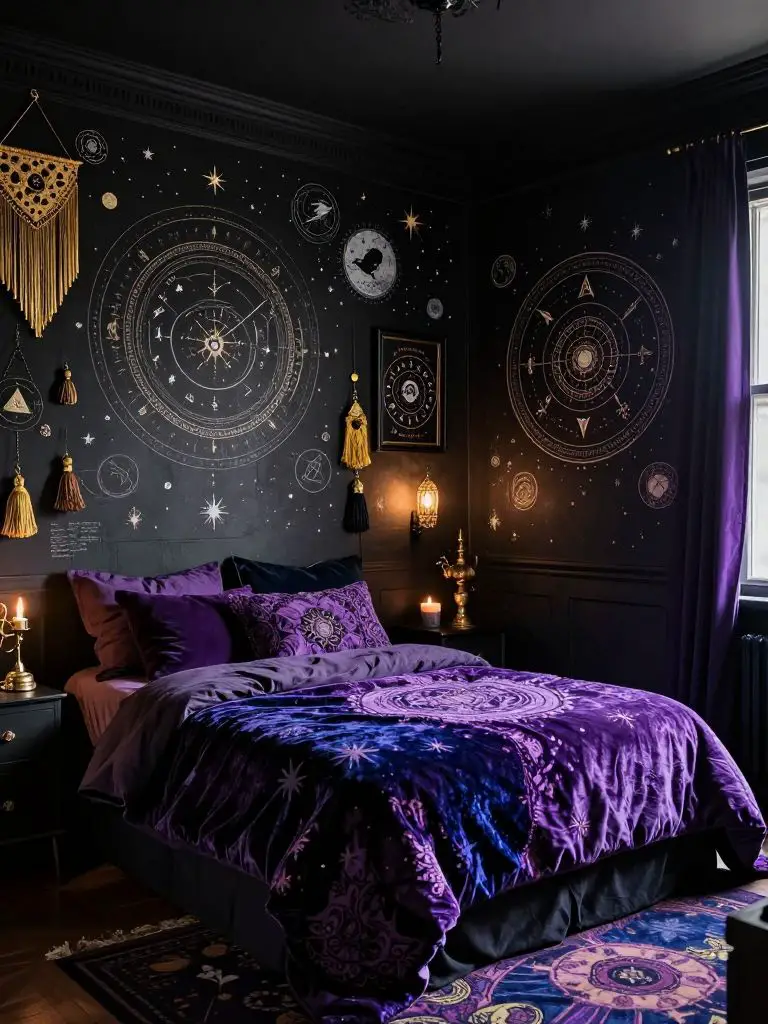 An eclectic witchcore bedroom bursting with bold astrology-inspired decor and layered textures.