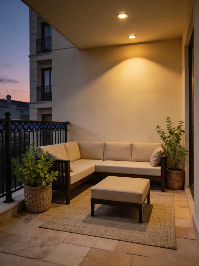 An elegant small balcony design for apartments featuring a modern outdoor living area styled for relaxed evening gatherings.